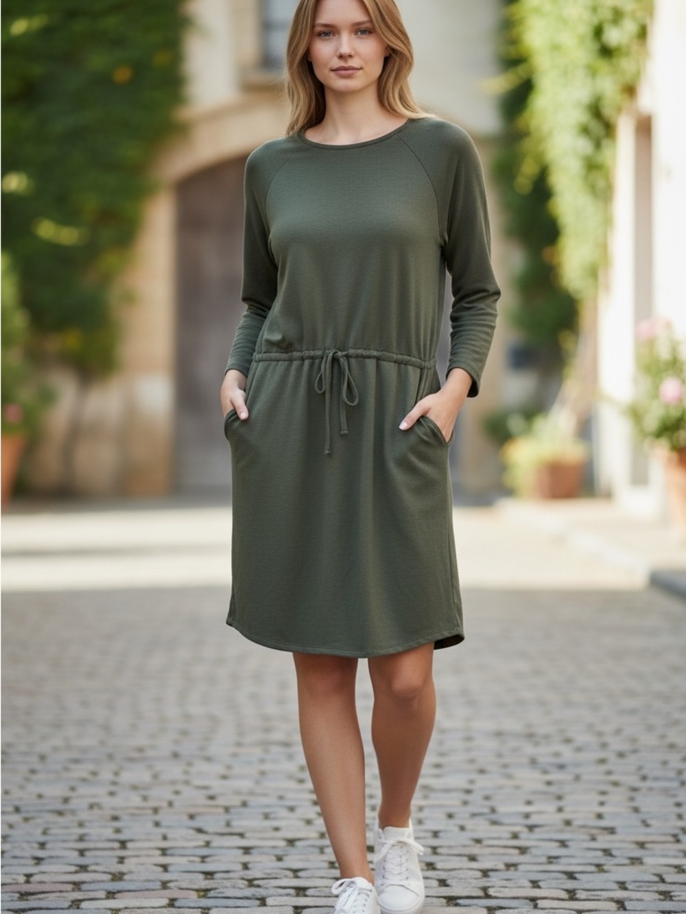 Women's Olive Green Drawstring Pocket Dress
